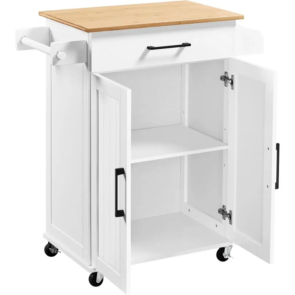 Commercial Kitchen Island - รถเข็นครัวสีขาวพร้อมชั้นวางของและตู้เก็บของ เกาะเคลื่อนที่สำหรับไมโครเวฟและสถานีชงกาแฟ