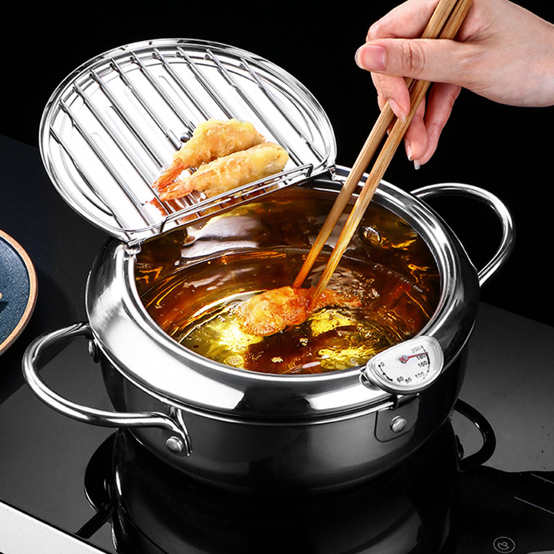 Commercial Kitchen Appliance - ญี่ปุ่นลึกหม้อทอดเครื่องวัดอุณหภูมิและฝาปิดกระทะ 304 สแตนเลสสตีล Tempura น้ํามันกระทะทอด