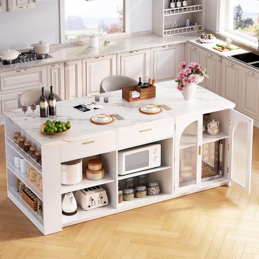 Commercial Kitchen Island - เกาะครัวขนาดใหญ่ 71 นิ้ว พร้อมที่เก็บของ โต๊ะเกาะครัวลายหินอ่อนเทียมสีขาว พร้อมที่นั่งสำหรับ