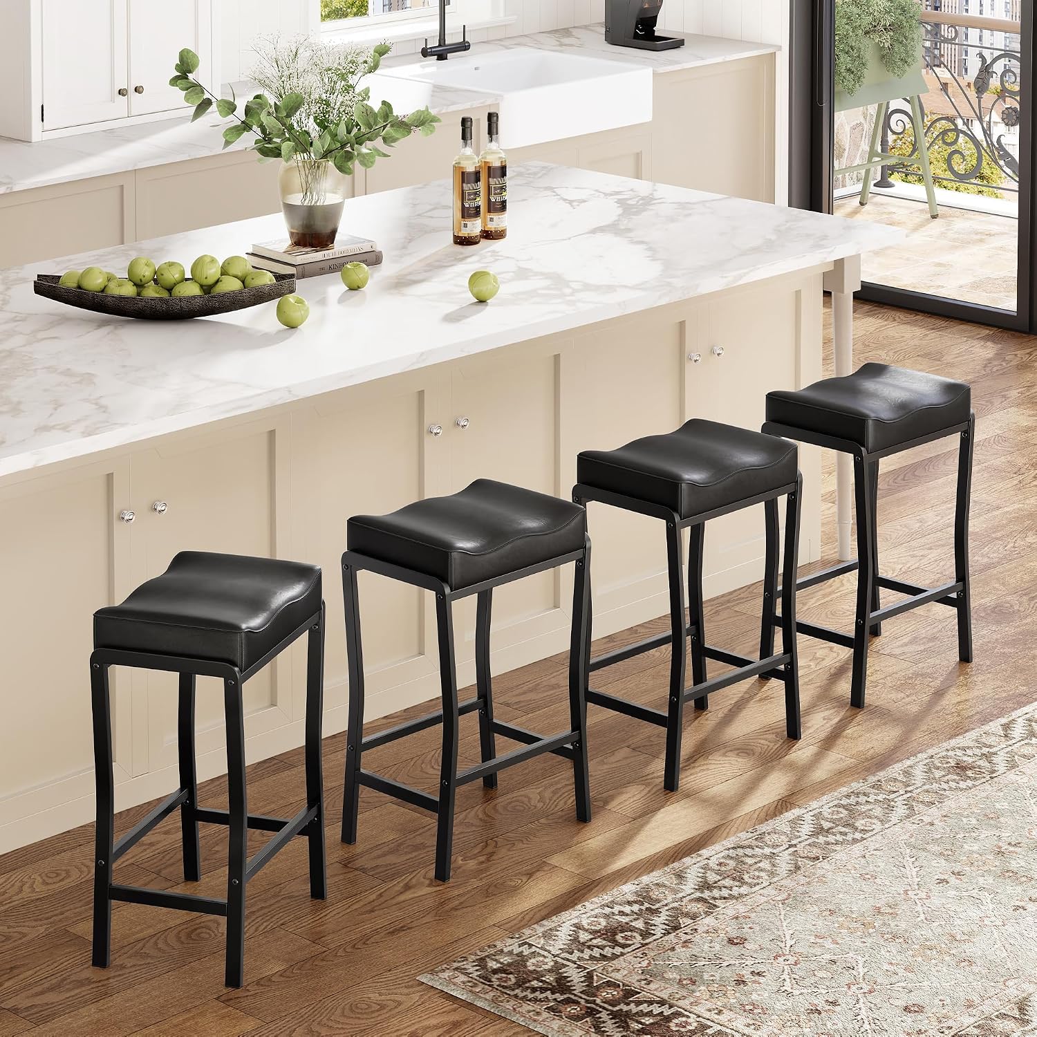 Commercial Kitchen Island - เก้าอี้บาร์สูงระดับเคาน์เตอร์ ชุด 1/2/4 ตัว, เก้าอี้บาร์ทรงอานหนังเทียมสูง 26.2